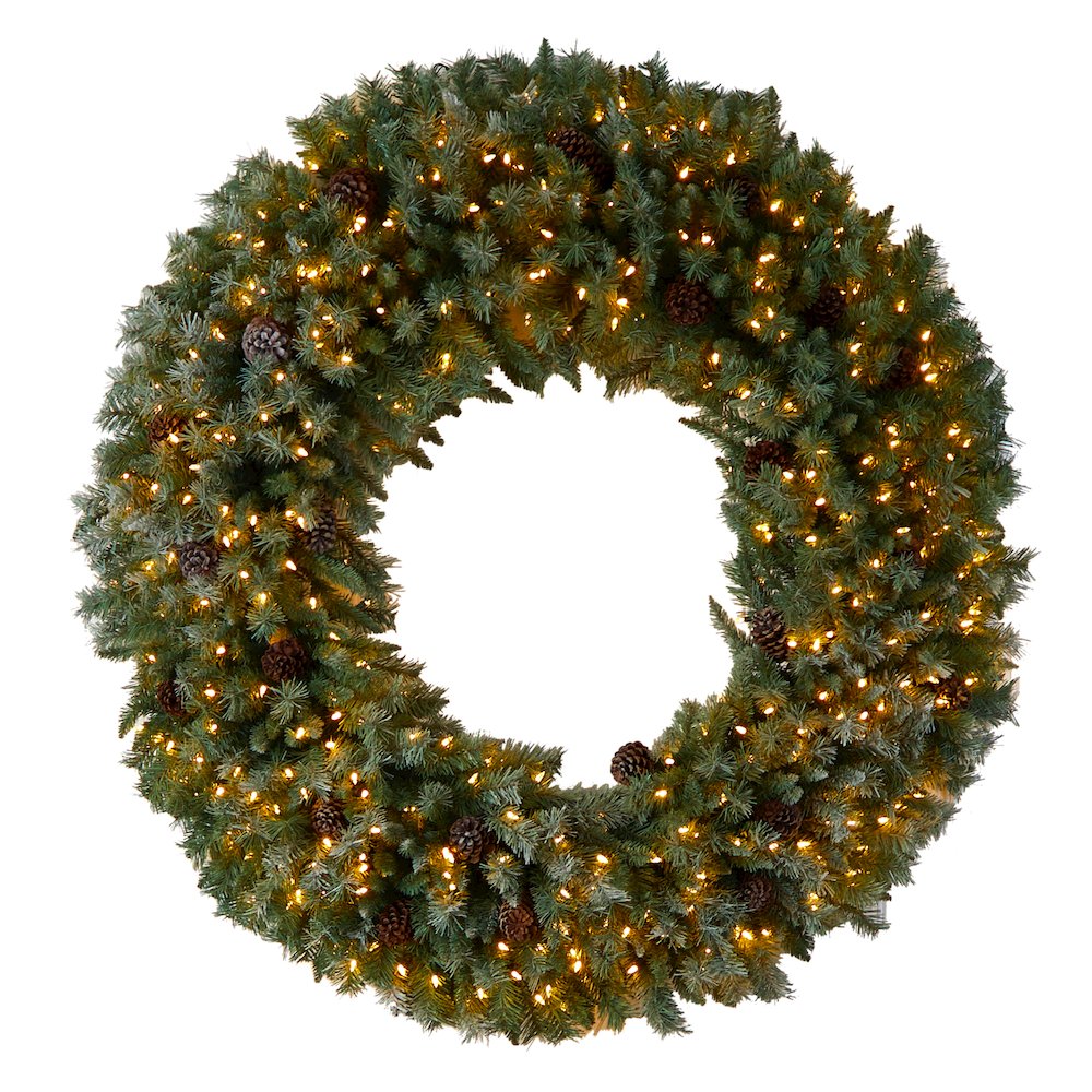 5ft. Giant Flocked Christmas Wreath with Pinecones, 400 Clear LED Lights. Picture 1