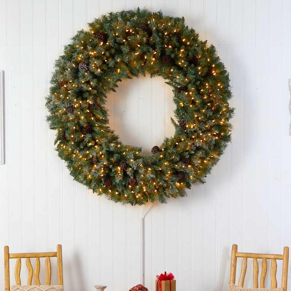5ft. Giant Flocked Christmas Wreath with Pinecones, 400 Clear LED Lights. Picture 4