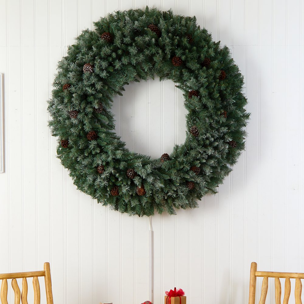 5ft. Giant Flocked Christmas Wreath with Pinecones, 400 Clear LED Lights. Picture 5