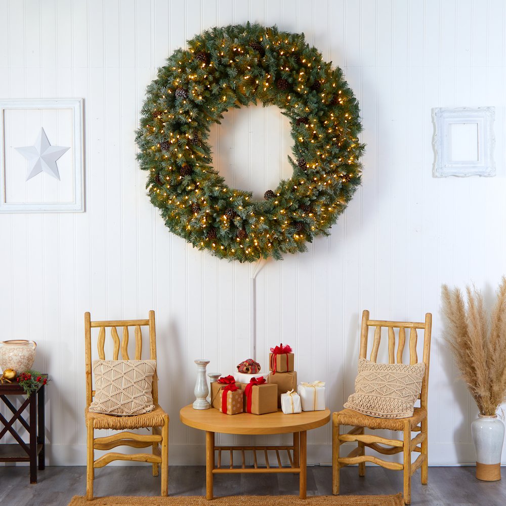 5ft. Giant Flocked Christmas Wreath with Pinecones, 400 Clear LED Lights. Picture 6