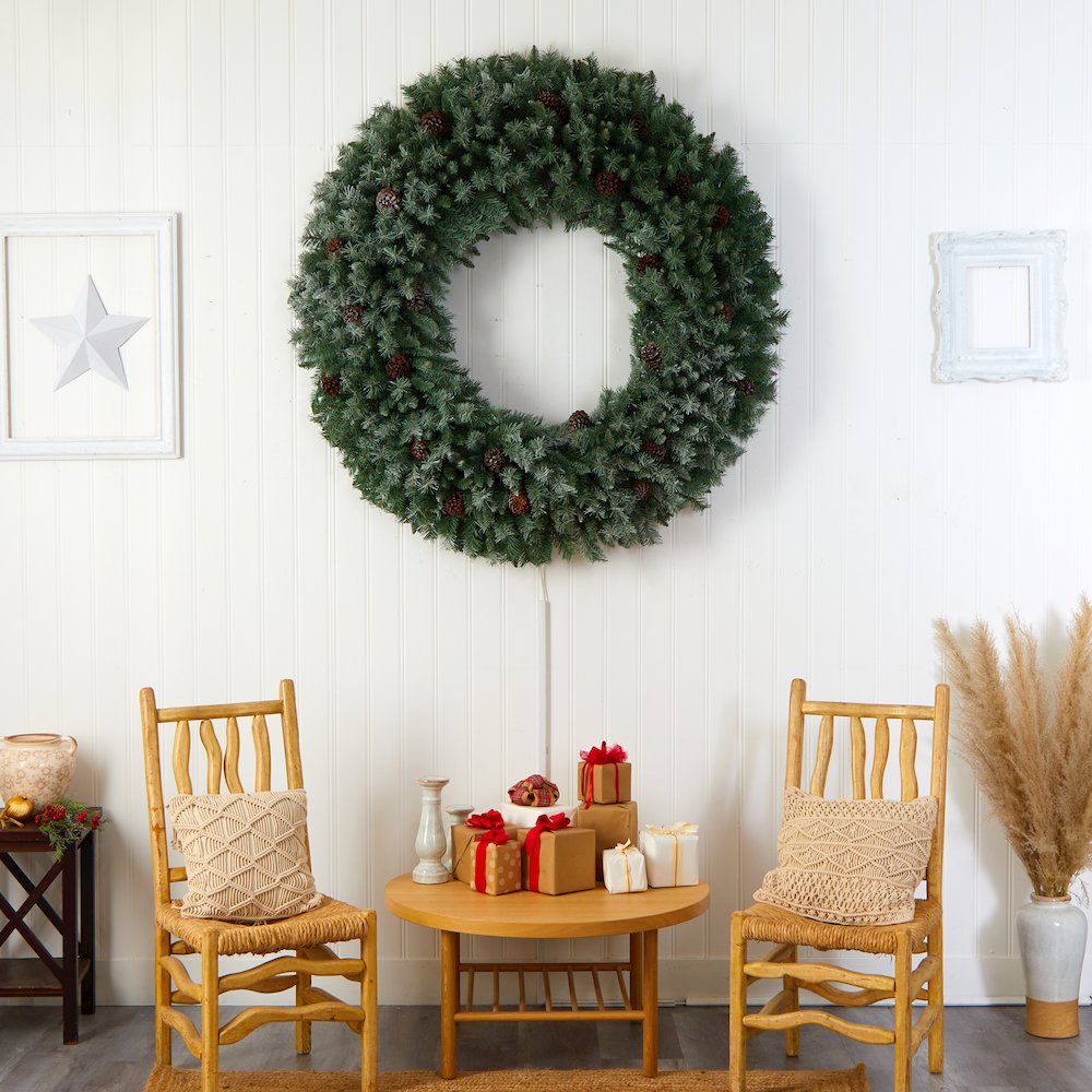 5ft. Giant Flocked Christmas Wreath with Pinecones, 400 Clear LED Lights. Picture 7