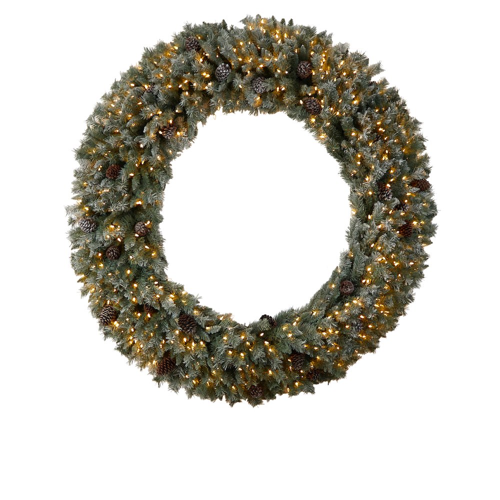6ft. Giant Flocked Christmas Wreath with Pinecones, 600 Clear LED Lights. Picture 1