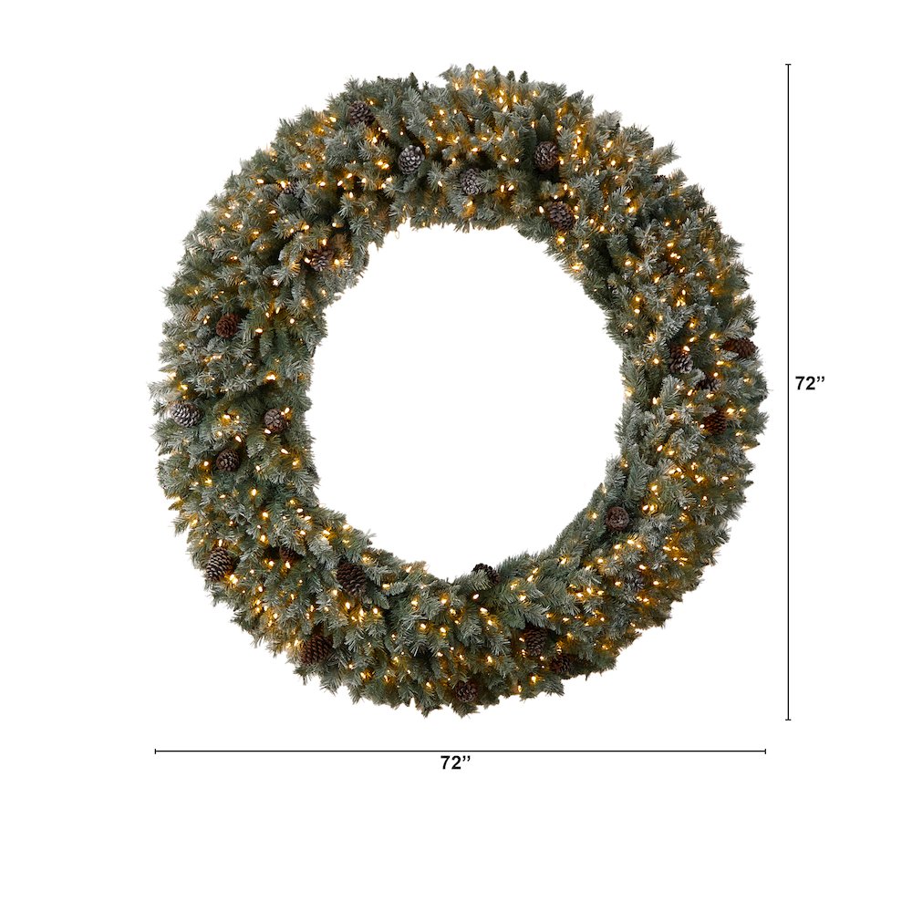 6ft. Giant Flocked Christmas Wreath with Pinecones, 600 Clear LED Lights. Picture 2