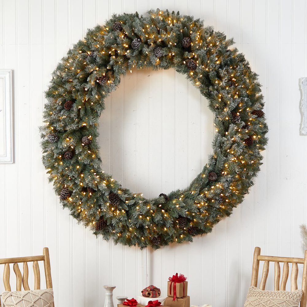 6ft. Giant Flocked Christmas Wreath with Pinecones, 600 Clear LED Lights. Picture 4