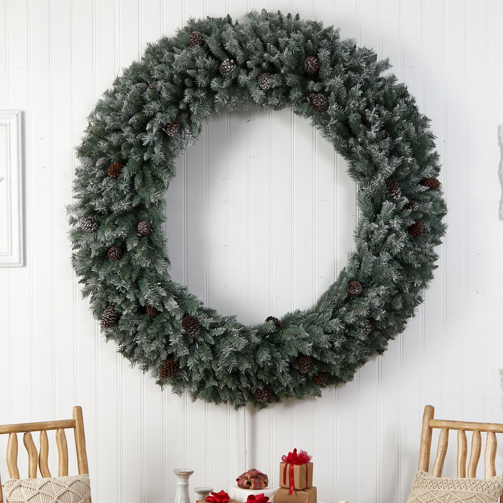 6ft. Giant Flocked Christmas Wreath with Pinecones, 600 Clear LED Lights. Picture 5