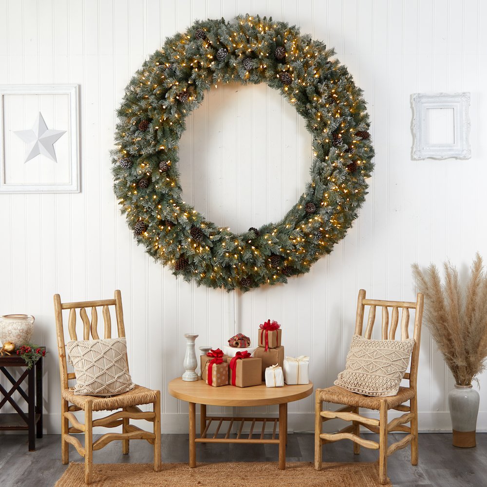 6ft. Giant Flocked Christmas Wreath with Pinecones, 600 Clear LED Lights. Picture 6