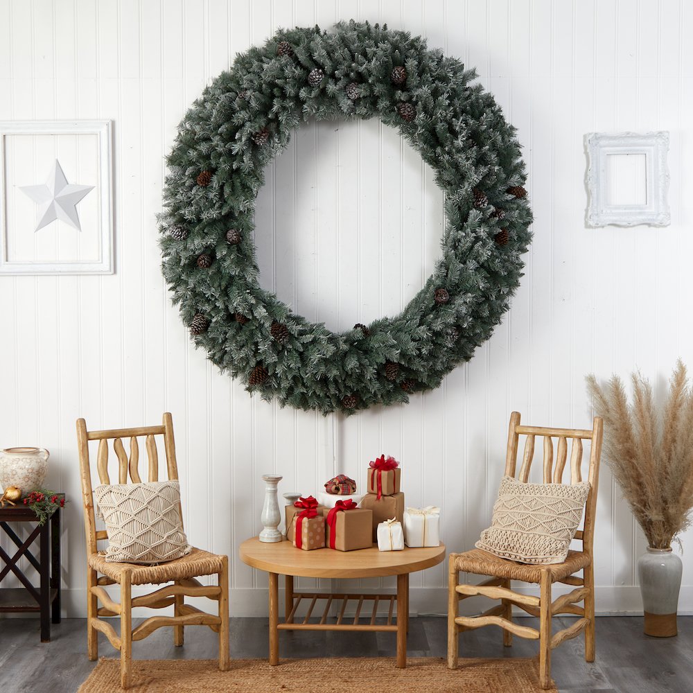 6ft. Giant Flocked Christmas Wreath with Pinecones, 600 Clear LED Lights. Picture 7