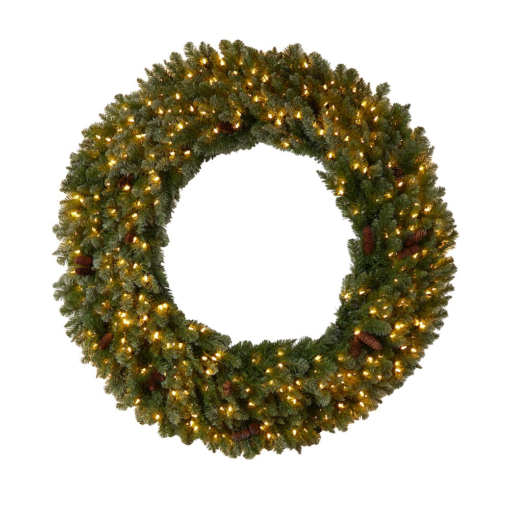 5ft. Flocked Artificial Christmas Wreath with Pinecones, 300 Clear LED Lights. Picture 1