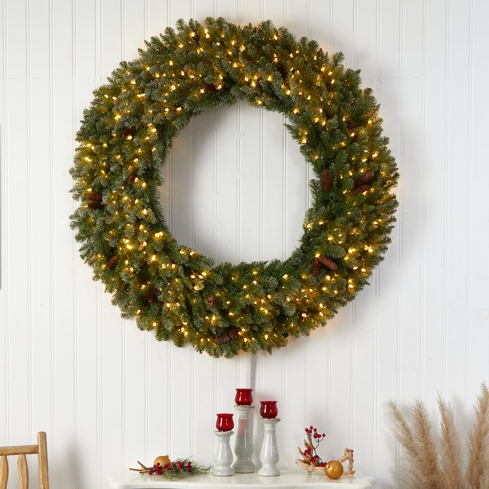 5ft. Flocked Artificial Christmas Wreath with Pinecones, 300 Clear LED Lights. Picture 4
