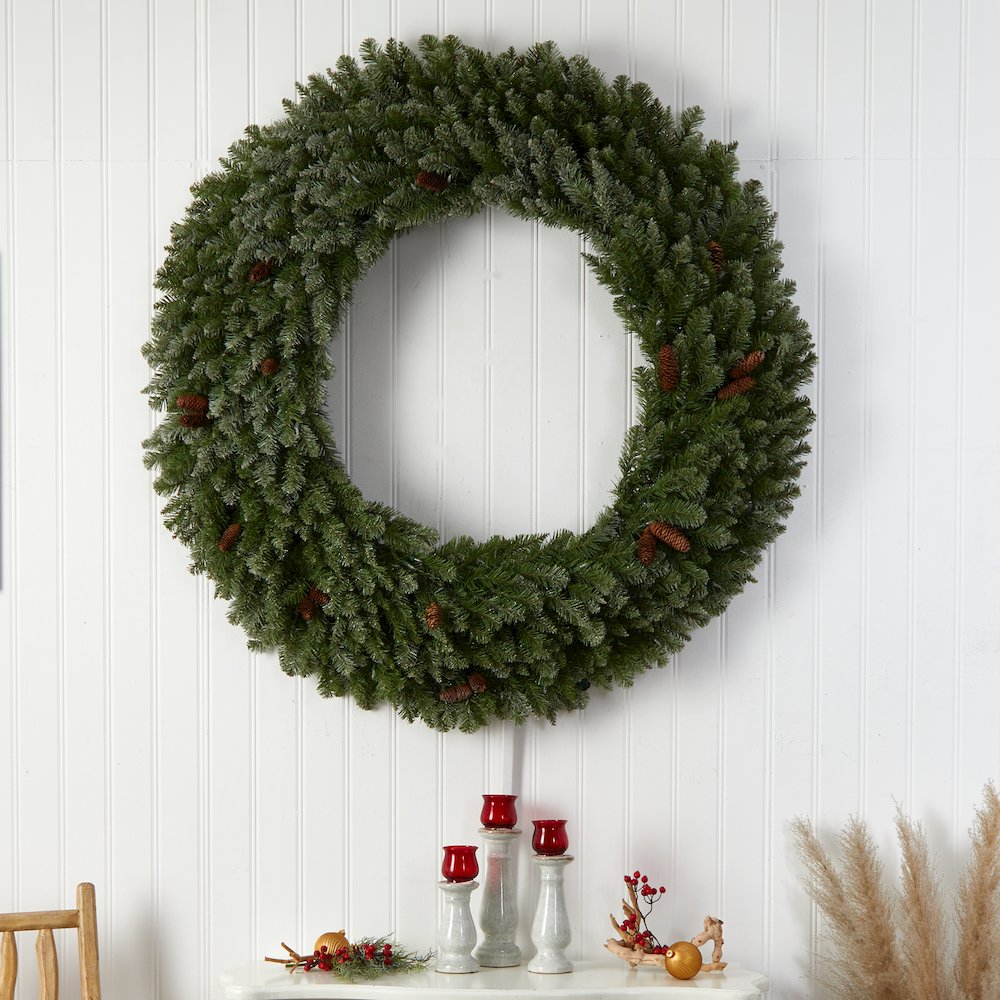 5ft. Flocked Artificial Christmas Wreath with Pinecones, 300 Clear LED Lights. Picture 5