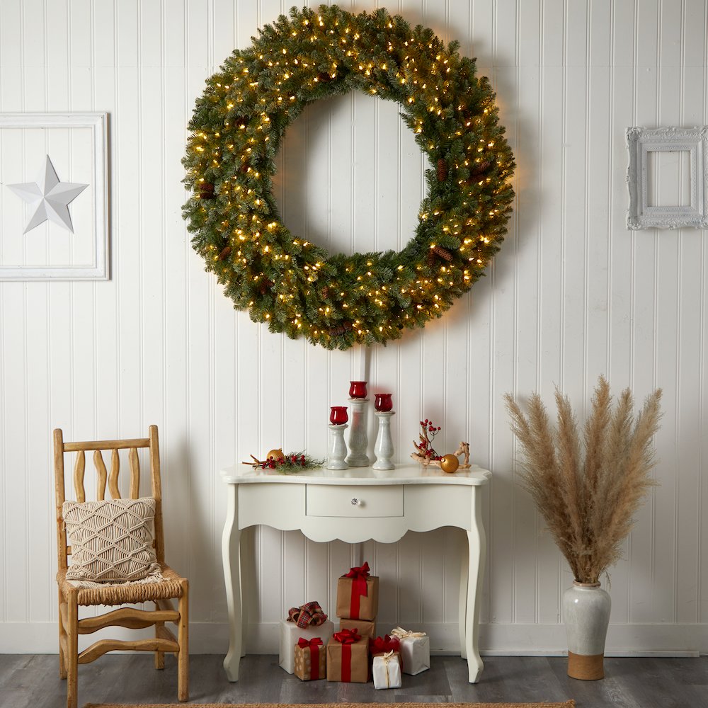 5ft. Flocked Artificial Christmas Wreath with Pinecones, 300 Clear LED Lights. Picture 6