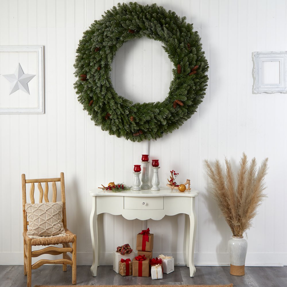 5ft. Flocked Artificial Christmas Wreath with Pinecones, 300 Clear LED Lights. Picture 7