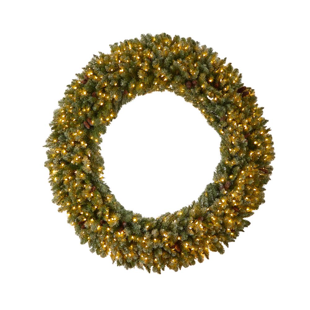 Giant Flocked Artificial Christmas Wreath with Pinecones, 400 Clear LED Lights. Picture 1
