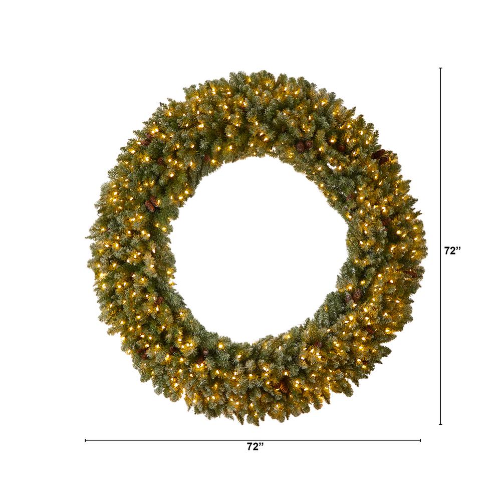 Giant Flocked Artificial Christmas Wreath with Pinecones, 400 Clear LED Lights. Picture 2