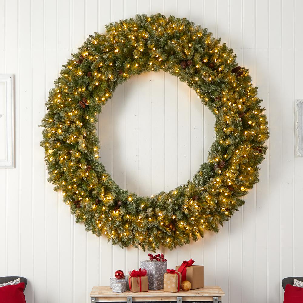 Giant Flocked Artificial Christmas Wreath with Pinecones, 400 Clear LED Lights. Picture 5