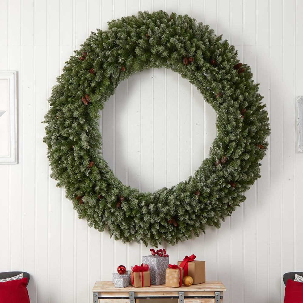 Giant Flocked Artificial Christmas Wreath with Pinecones, 400 Clear LED Lights. Picture 6