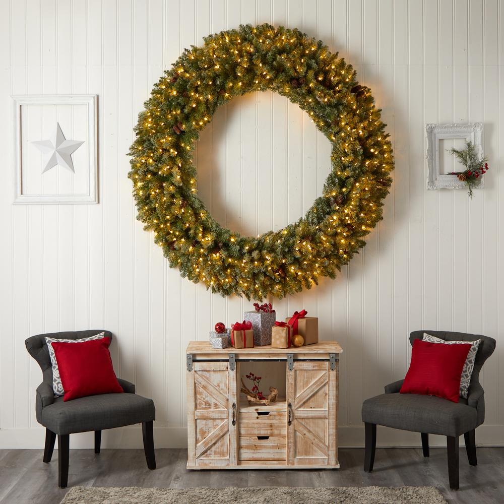 Giant Flocked Artificial Christmas Wreath with Pinecones, 400 Clear LED Lights. Picture 7