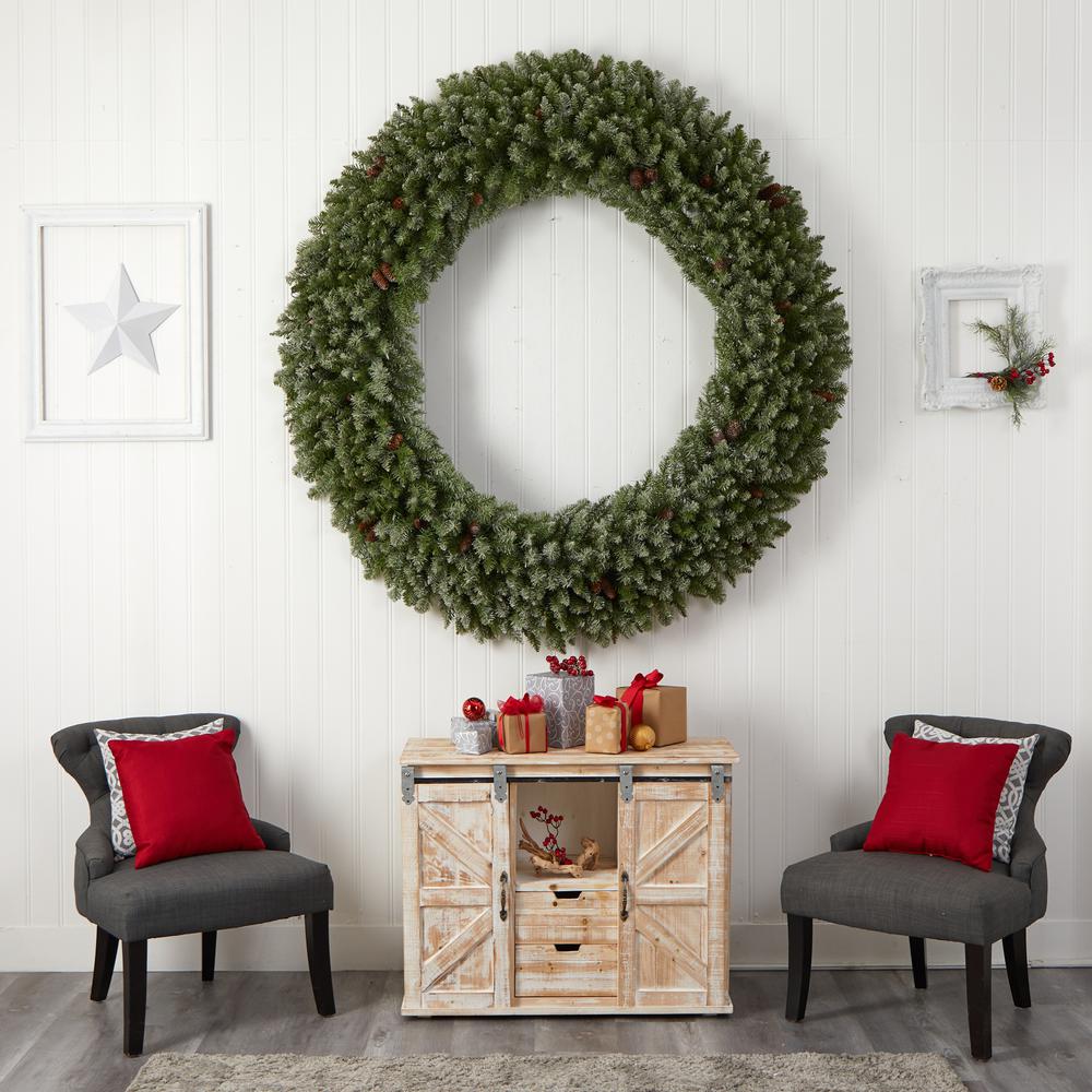 Giant Flocked Artificial Christmas Wreath with Pinecones, 400 Clear LED Lights. Picture 4