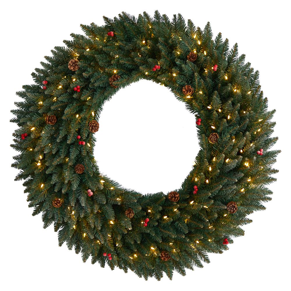 Large Flocked Artificial Christmas Wreath with Pinecones, Berries. Picture 1