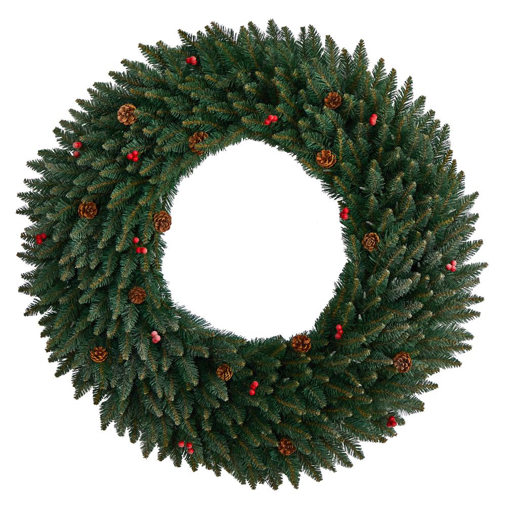 Large Flocked Artificial Christmas Wreath with Pinecones, Berries. Picture 3
