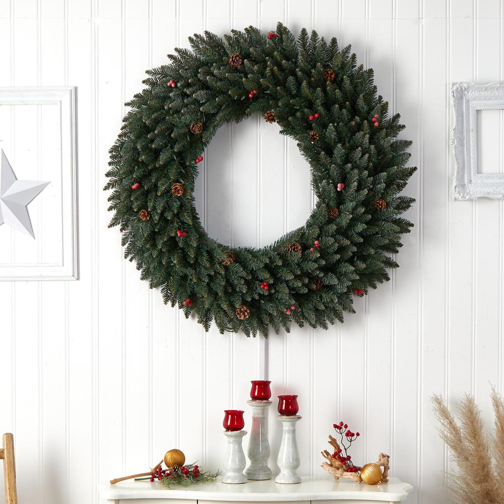 Large Flocked Artificial Christmas Wreath with Pinecones, Berries. Picture 7
