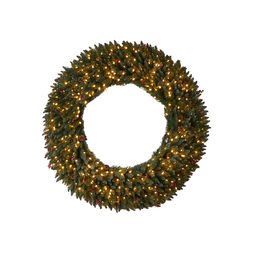 5ft. Large Flocked Christmas Wreath with Pinecones, 400 Clear LED Lights. Picture 1