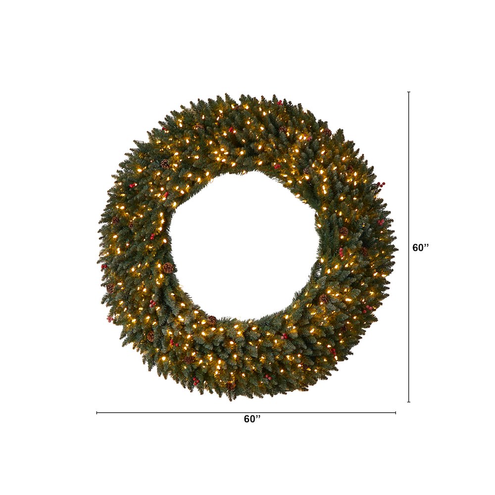 5ft. Large Flocked Christmas Wreath with Pinecones, 400 Clear LED Lights. Picture 2