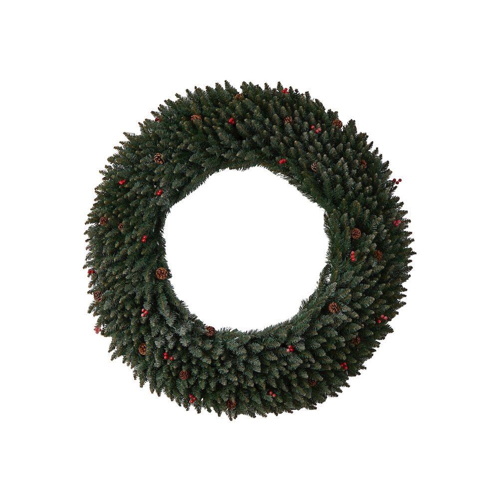 5ft. Large Flocked Christmas Wreath with Pinecones, 400 Clear LED Lights. Picture 3