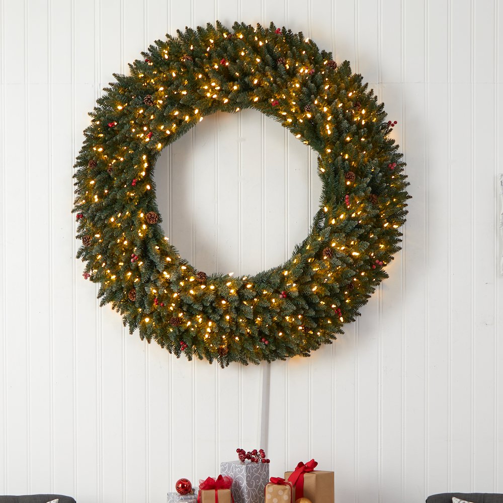 5ft. Large Flocked Christmas Wreath with Pinecones, 400 Clear LED Lights. Picture 4