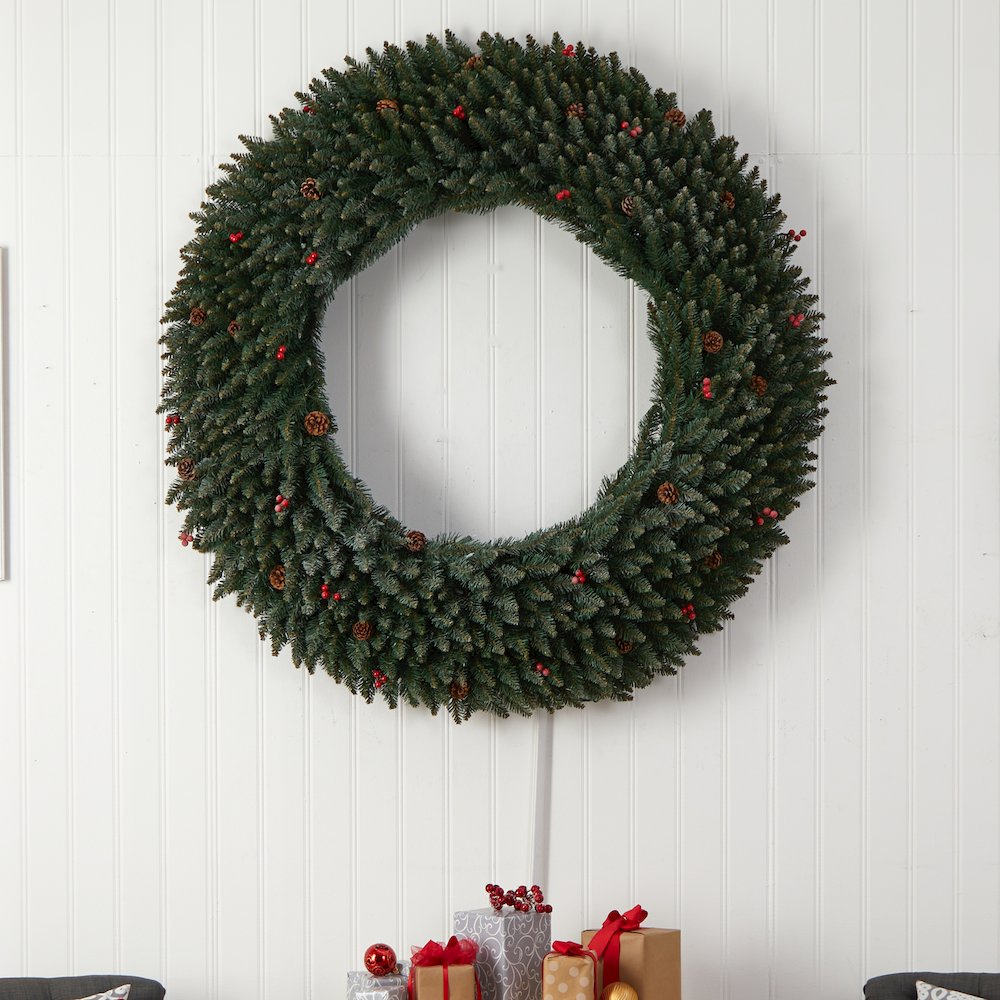 5ft. Large Flocked Christmas Wreath with Pinecones, 400 Clear LED Lights. Picture 5