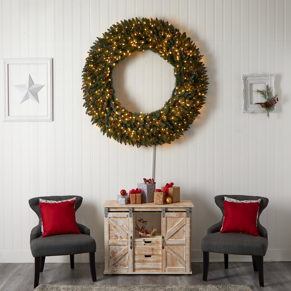 5ft. Large Flocked Christmas Wreath with Pinecones, 400 Clear LED Lights. Picture 6