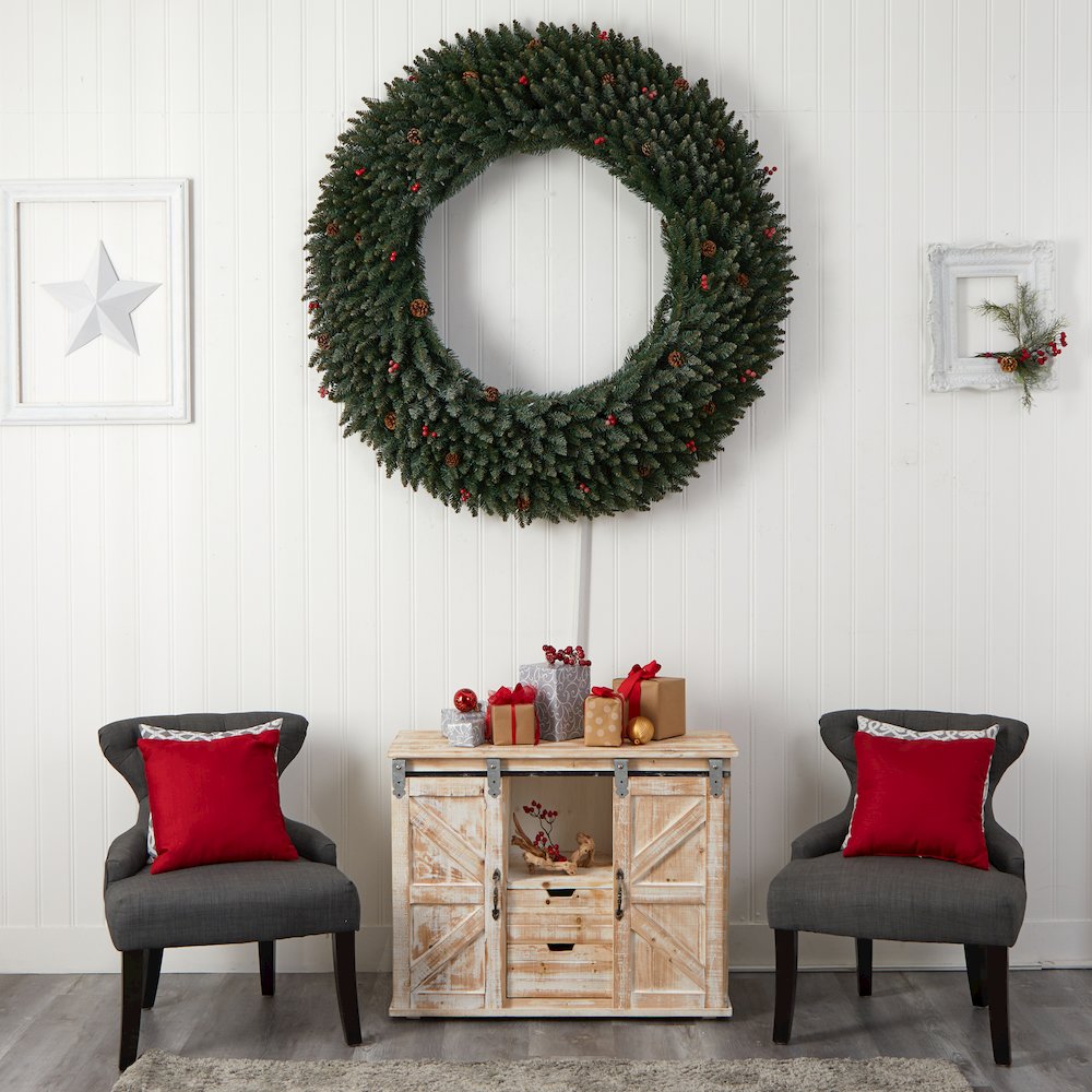 5ft. Large Flocked Christmas Wreath with Pinecones, 400 Clear LED Lights. Picture 7