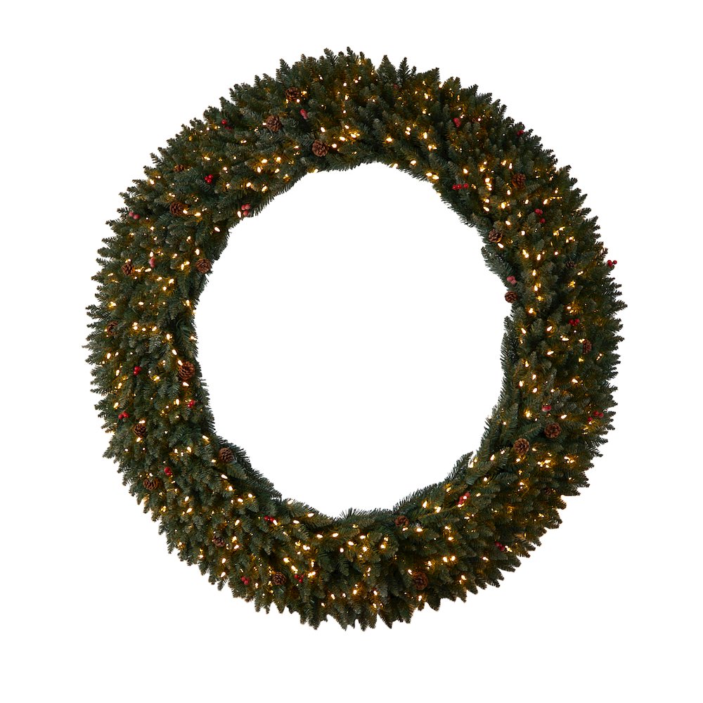6ft. Large Flocked Christmas Wreath with Pinecones, 600 Clear LED Lights. Picture 1