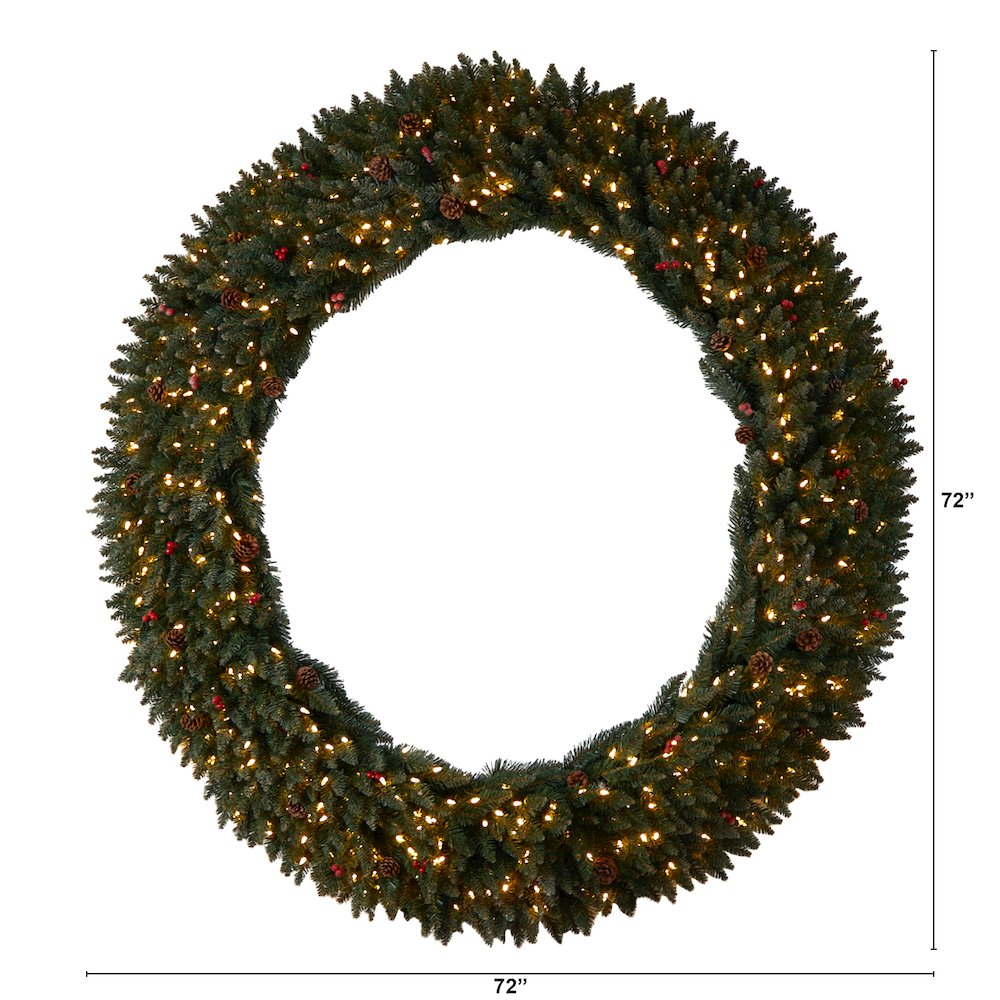 6ft. Large Flocked Christmas Wreath with Pinecones, 600 Clear LED Lights. Picture 2
