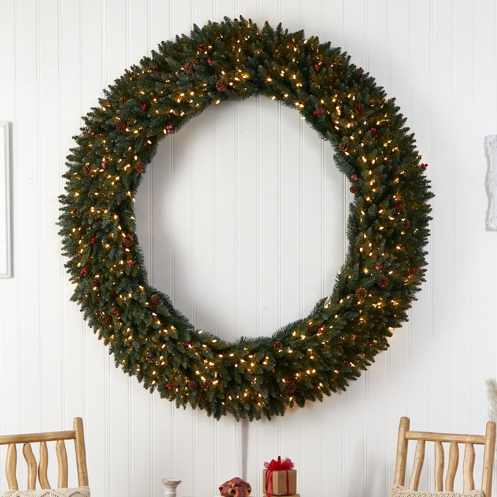 6ft. Large Flocked Christmas Wreath with Pinecones, 600 Clear LED Lights. Picture 4