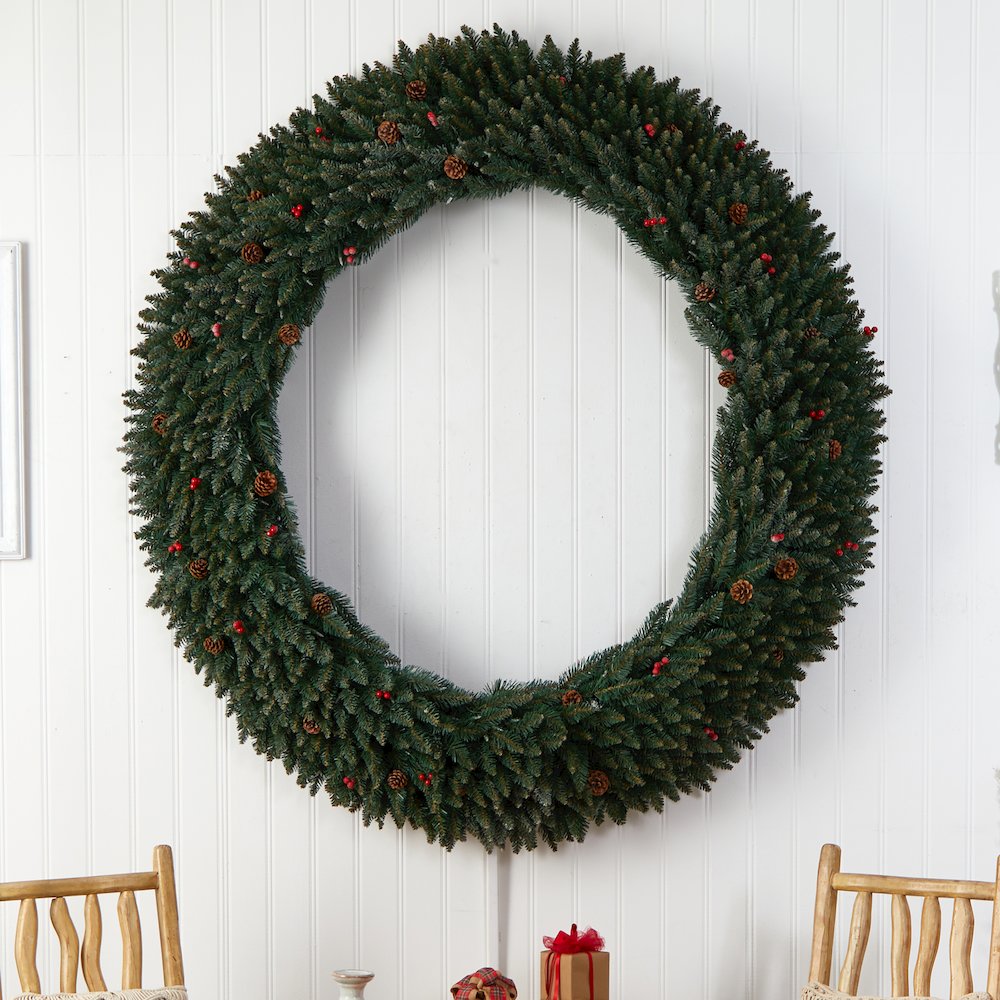6ft. Large Flocked Christmas Wreath with Pinecones, 600 Clear LED Lights. Picture 5