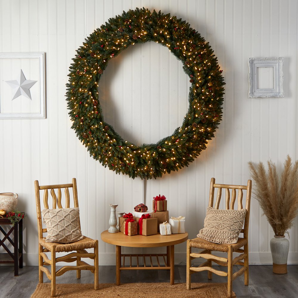 6ft. Large Flocked Christmas Wreath with Pinecones, 600 Clear LED Lights. Picture 6