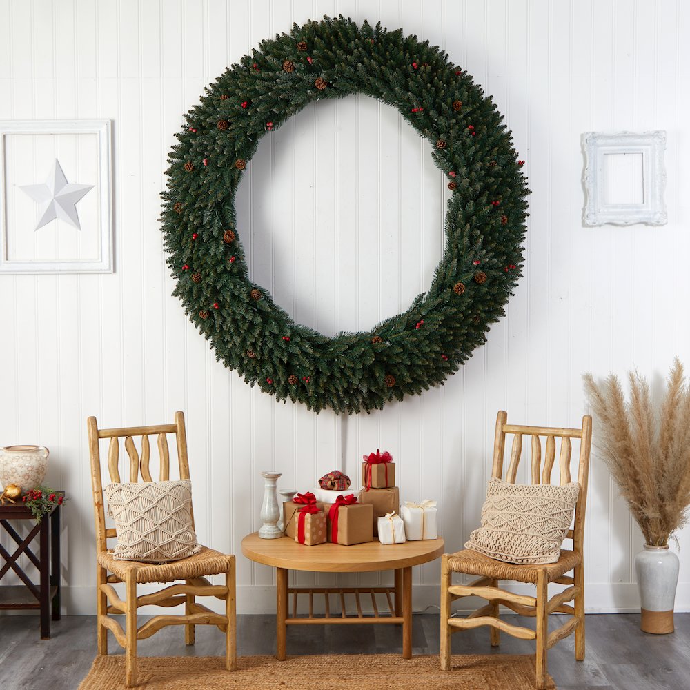 6ft. Large Flocked Christmas Wreath with Pinecones, 600 Clear LED Lights. Picture 7
