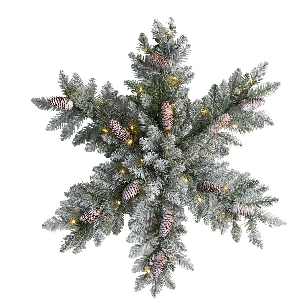 Pre-Lit Flocked Snowflake Artificial Dunhill Fir Wreath with Pinecones. Picture 1