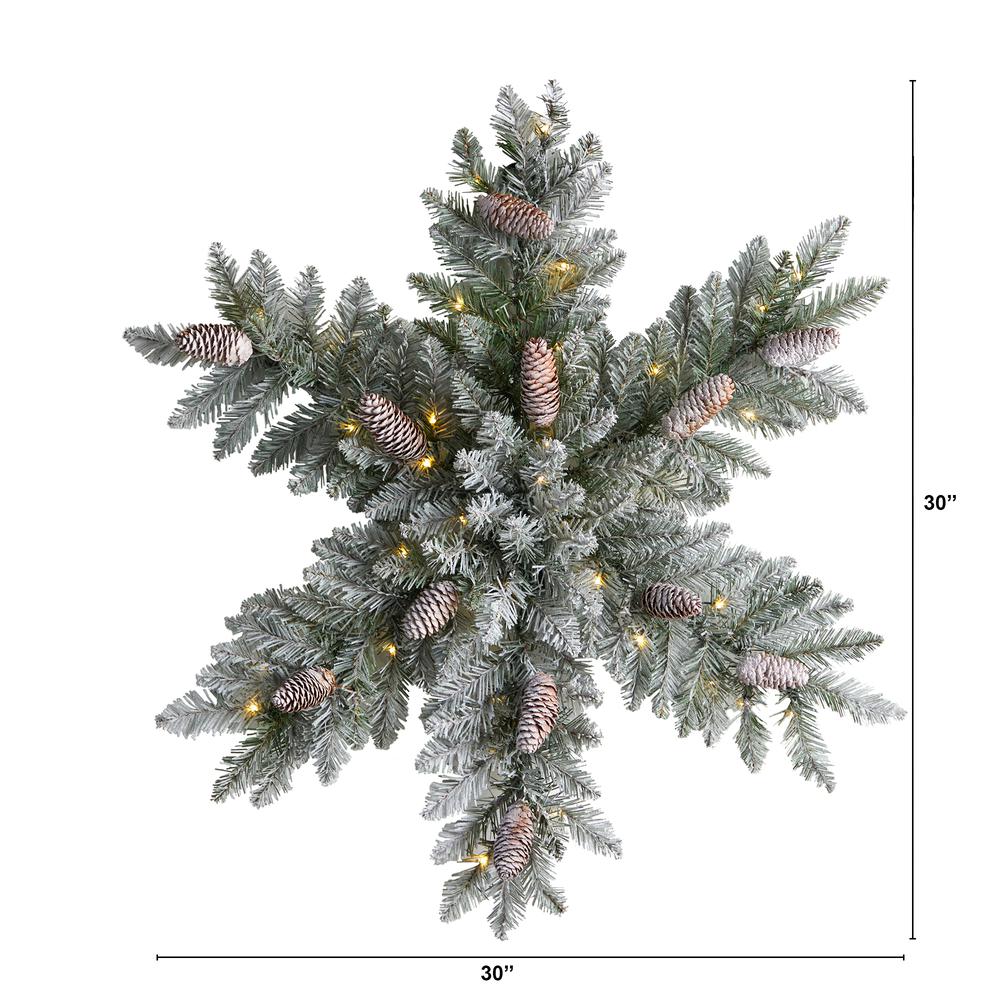 Pre-Lit Flocked Snowflake Artificial Dunhill Fir Wreath with Pinecones. Picture 2