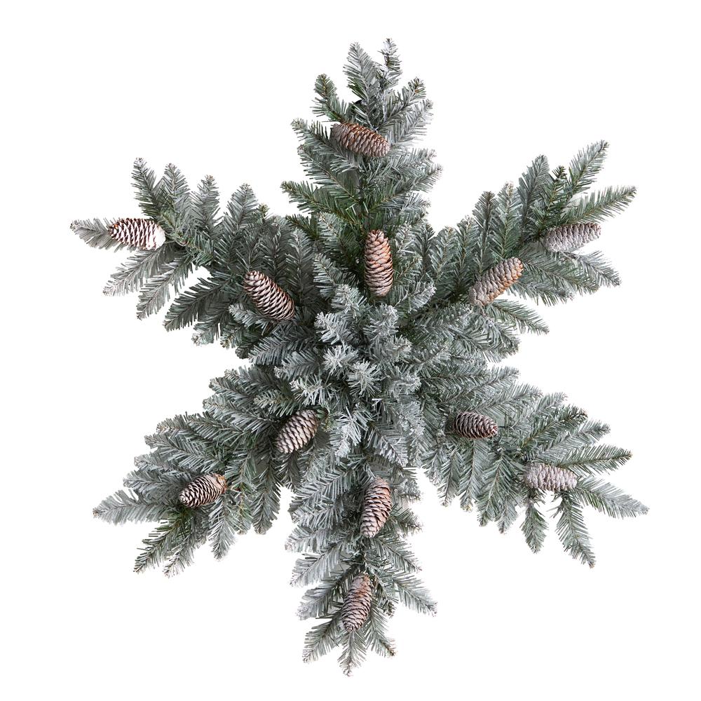 Pre-Lit Flocked Snowflake Artificial Dunhill Fir Wreath with Pinecones. Picture 3