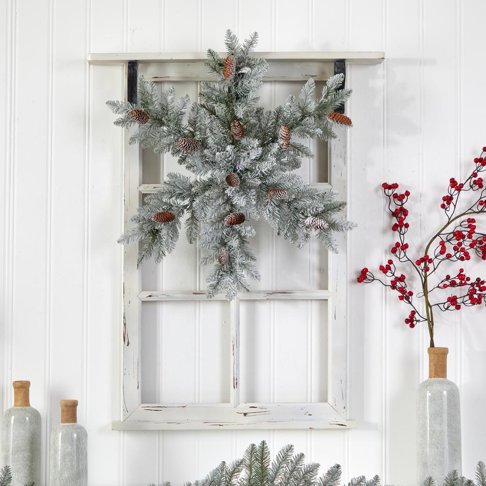Pre-Lit Flocked Snowflake Artificial Dunhill Fir Wreath with Pinecones. Picture 5