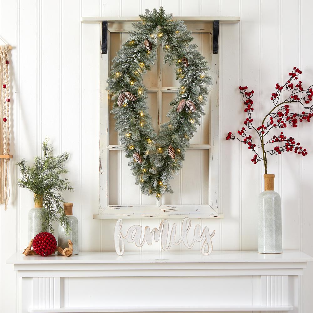 3ft. Holiday Christmas Geometric Diamond Frosted Wreath with Pinecones and 50 Warm White LED Lights. Picture 9