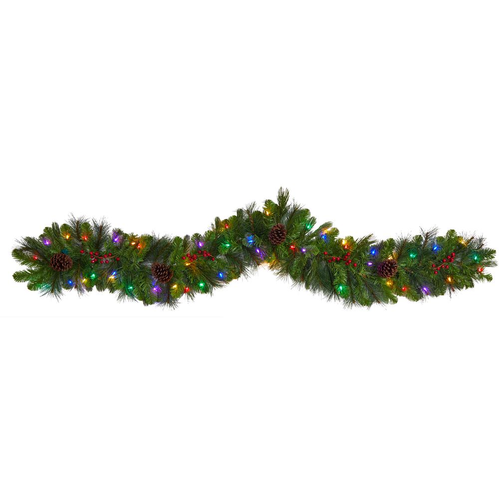 6ft. Colorado Fir Artificial Christmas Garland with 50 Multicolored LED Lights, Berries and Pinecones. Picture 7
