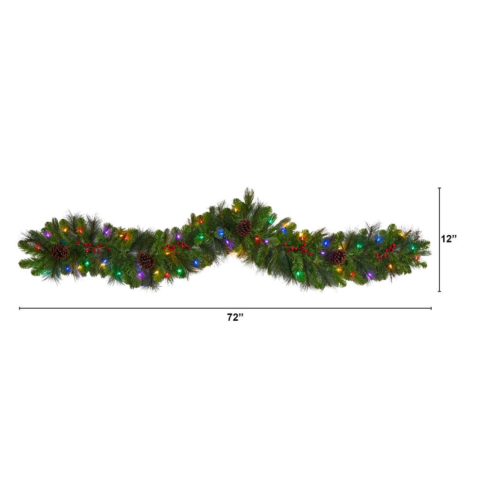 6ft. Colorado Fir Artificial Christmas Garland with 50 Multicolored LED Lights, Berries and Pinecones. Picture 1