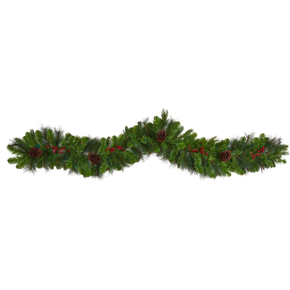 6ft. Colorado Fir Artificial Christmas Garland with 50 Multicolored LED Lights, Berries and Pinecones. Picture 2