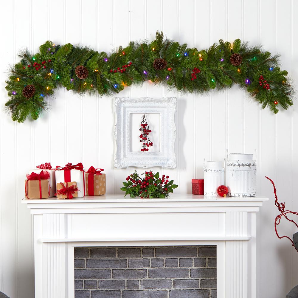 6ft. Colorado Fir Artificial Christmas Garland with 50 Multicolored LED Lights, Berries and Pinecones. Picture 6