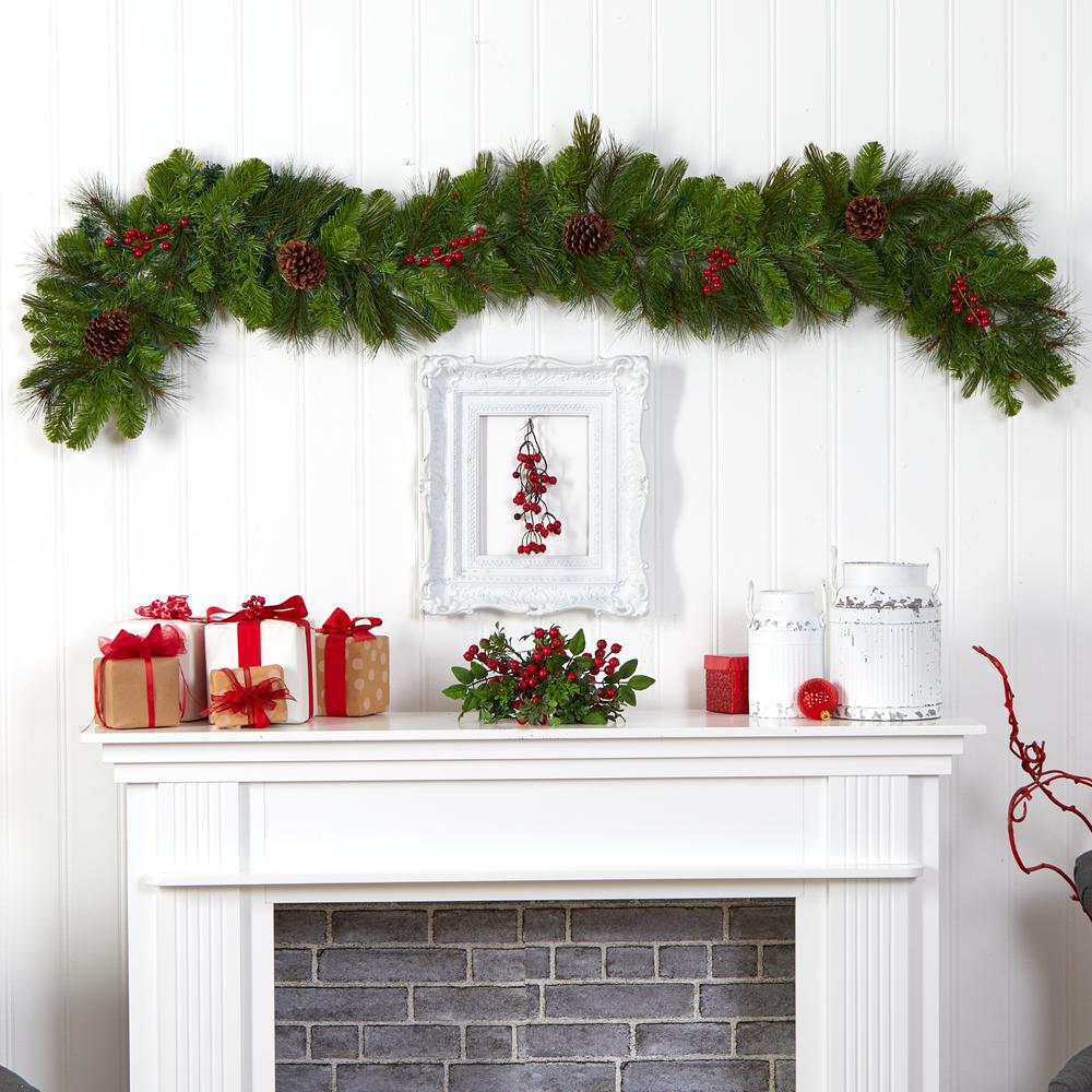 6ft. Colorado Fir Artificial Christmas Garland with 50 Multicolored LED Lights, Berries and Pinecones. Picture 3