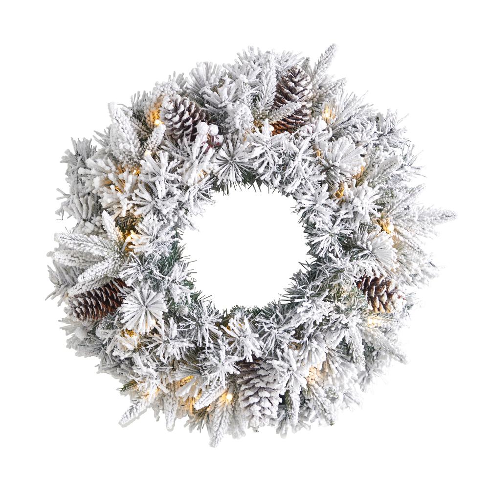 20in. Flocked Artificial Christmas Wreath with 35 Warm White LED Lights. Picture 4
