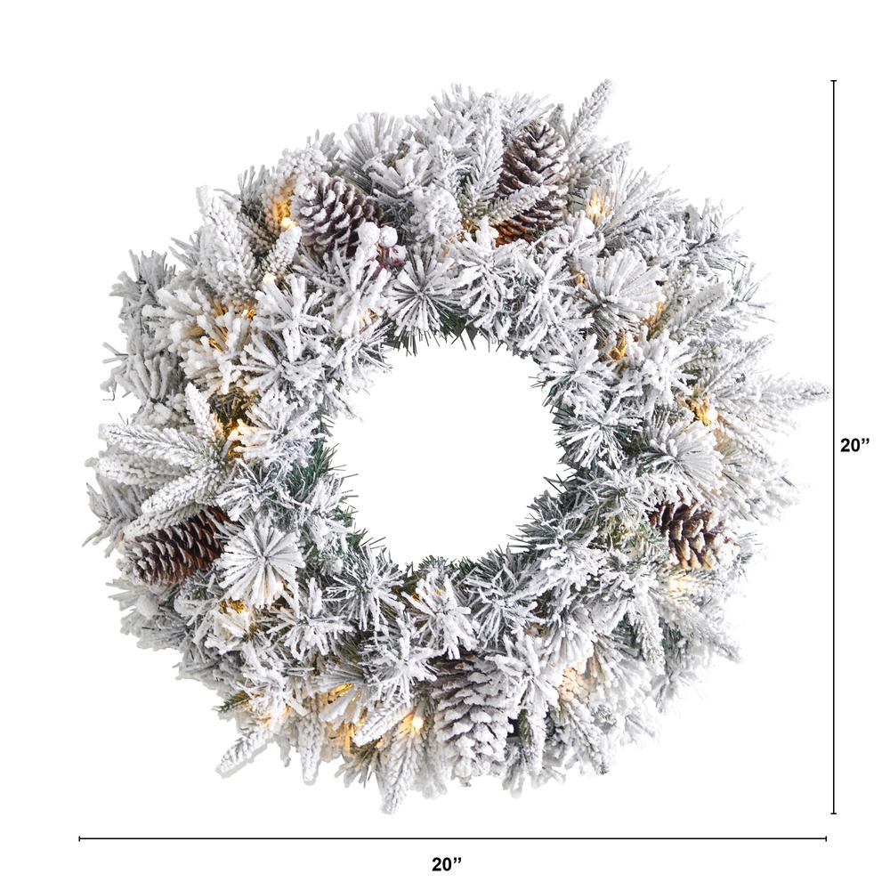 20in. Flocked Artificial Christmas Wreath with 35 Warm White LED Lights. Picture 1